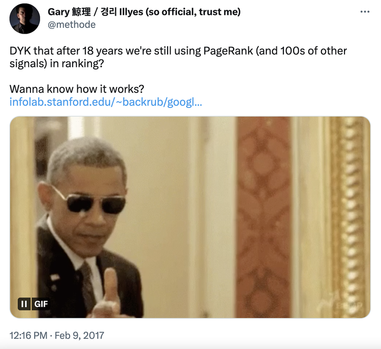 Capture d'écran du tweet de Gary Illyes sur le PageRank