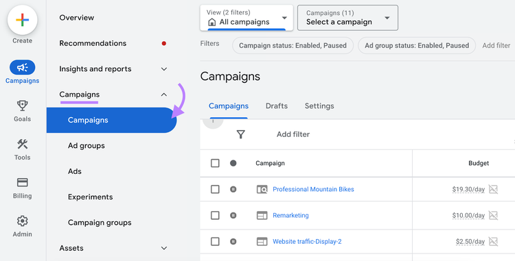 navigation vers l'icône "Campagnes" dans le tableau de bord du compte Google Ads