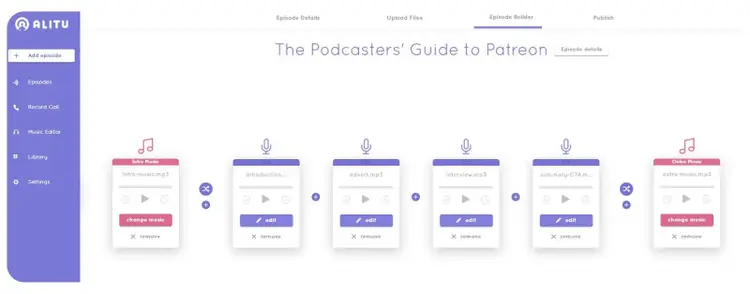 L'interface d'Alitu montre plusieurs fichiers audio disposés en séquence pour créer un épisode de podcast.