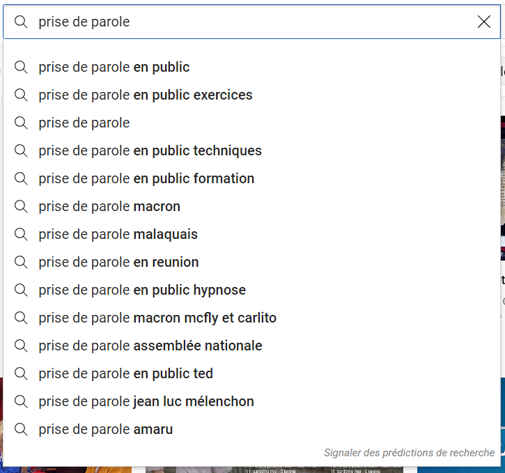 Suggestions autocomplete YouTube pour prise de parole avec variantes publiques et mots-cles