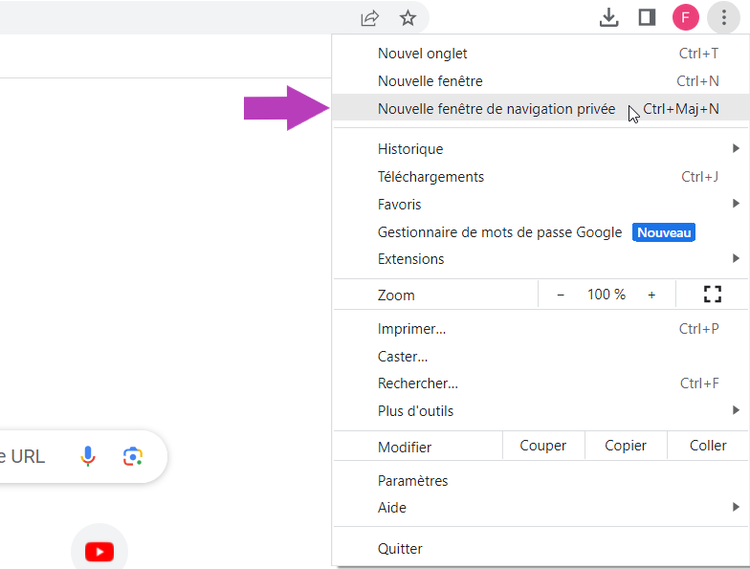 Ouvrir une fenêtre de navigation privée dans la navigateur Chrome