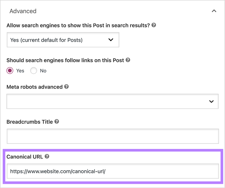 Onglet "Advanced" dans les options de Yoast SEO