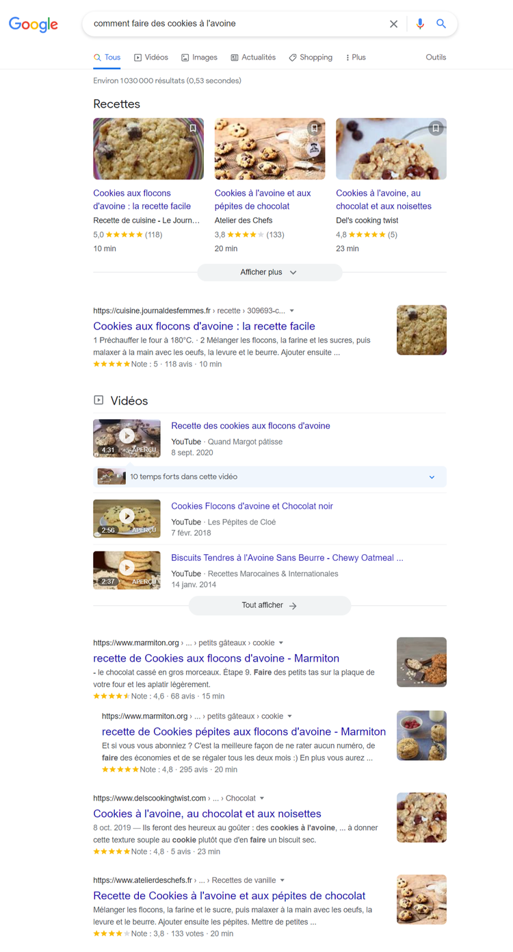 Recherche google, intention, "comment faire des cookies à l'avoine"