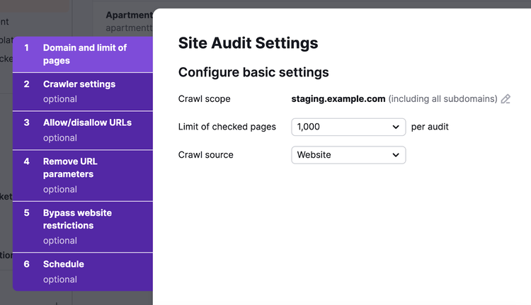Paramètres de base de l'outil Audit de site, y compris le score d'exploration, la limite de pages vérifiées et la source d'exploration