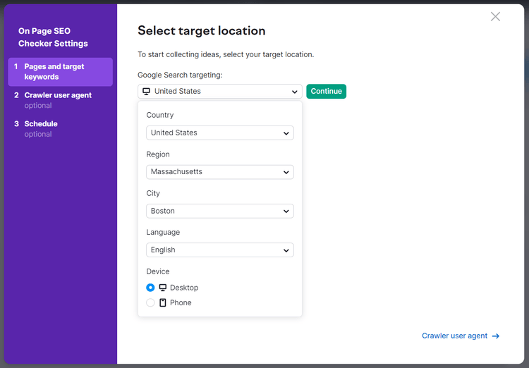Fenêtre contextuelle de configuration des paramètres de l'outil de vérification SEO sur page.