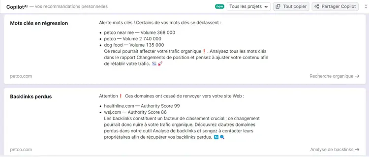 Recommandations de Copilot de Semrush