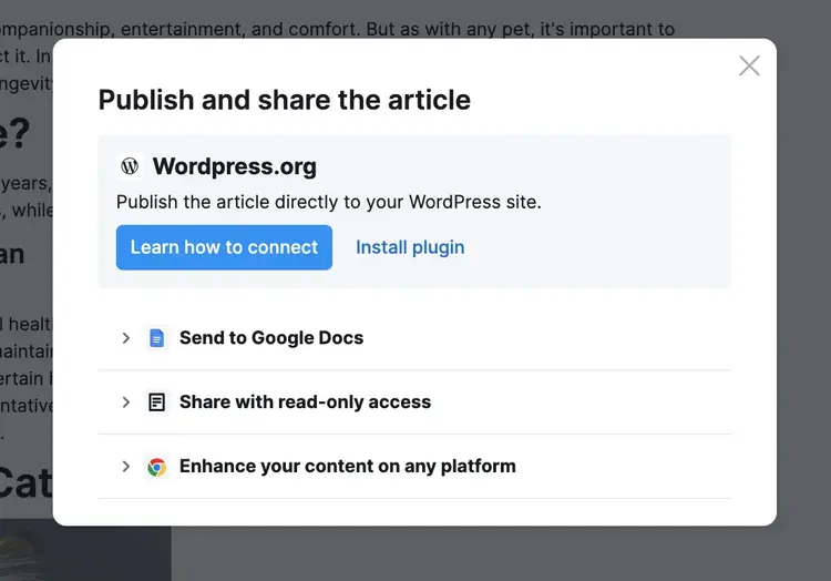 ContentShake AI : option de publiction sur Wordpress