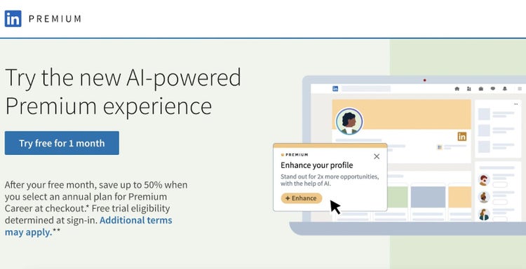 Essai gratuit de LinkedIn Premium avec option alimentée par l'IA et interface LinkedIn pour ordinateur portable