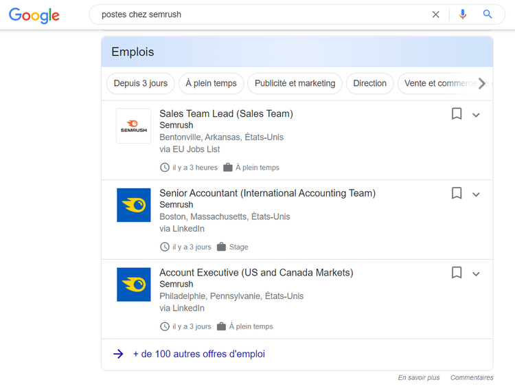 Fonctionnalité SERP Offres d'emploi