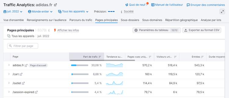 Traffic Analytics, Pages principales