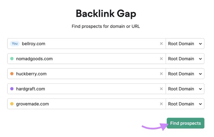 "bellroy.com" et les domaines concurrents entrés dans l'outil Backlink Gap.
