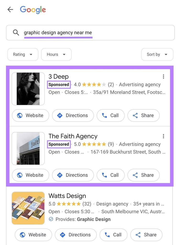Annonces locales de Google apparaissant pour la requête "agence de conception graphique près de chez moi".