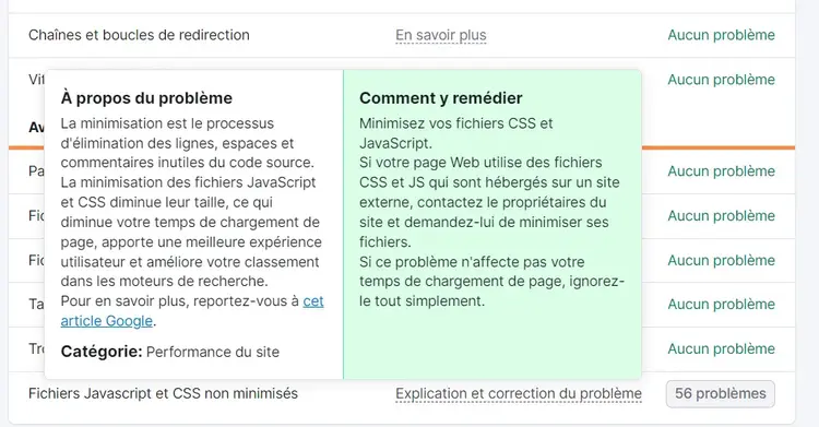 Explication et correction du problème dans Audit de site