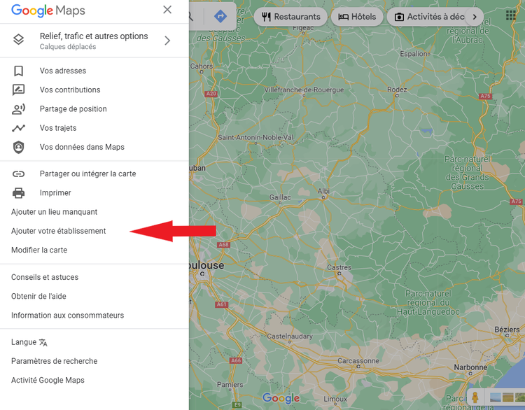 Ajouter votre entreprisse sur Google Map, menu de gauche