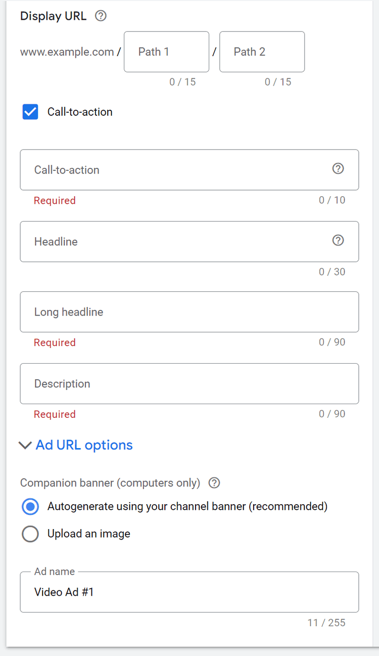 Paramètres d'affichage de l'URL, de l'appel à l'action, du titre long et de la description dans Google Ads
