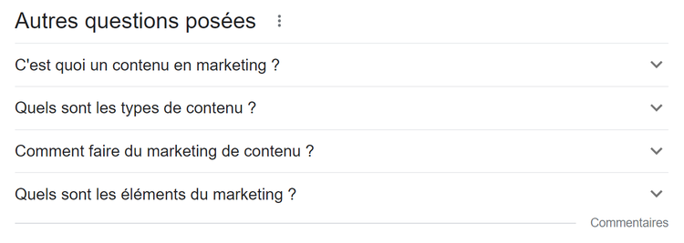 Autres questions posées, contenu marketing