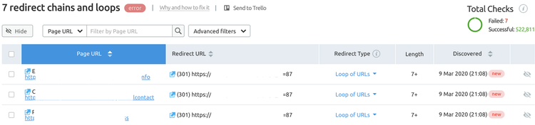 Site Audit SEMrush - chaines et boucles de redirection