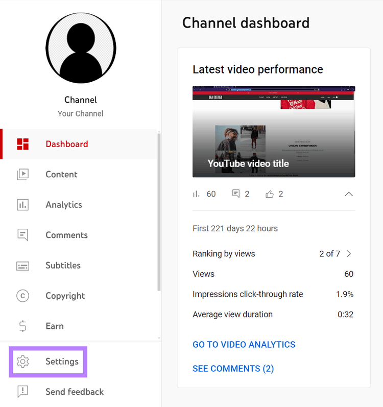 Bouton « Paramètres » dans le compte YouTube Studio
