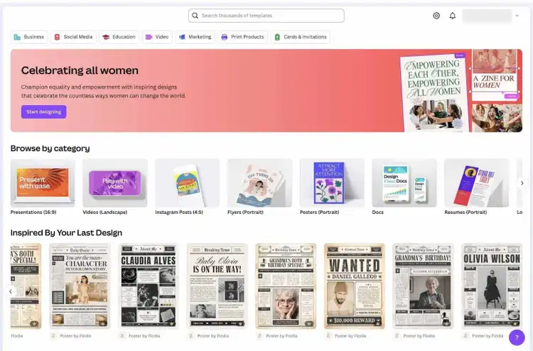 Interface de Canva montrant plusieurs modèles pour différentes catégories ainsi que ceux inspirés par le dernier design de l'utilisateur.