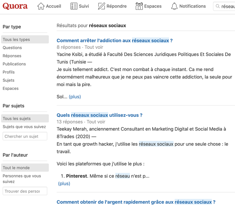Quora résultats recherche réseaux sociaux questions réponses addiction