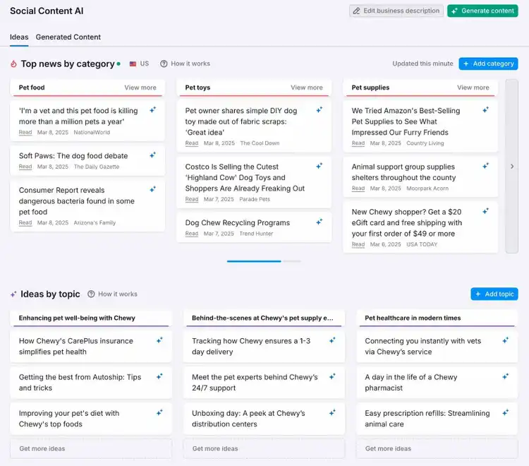 Une liste d'idées générées sur Social Content AI pour un domaine spécifique.