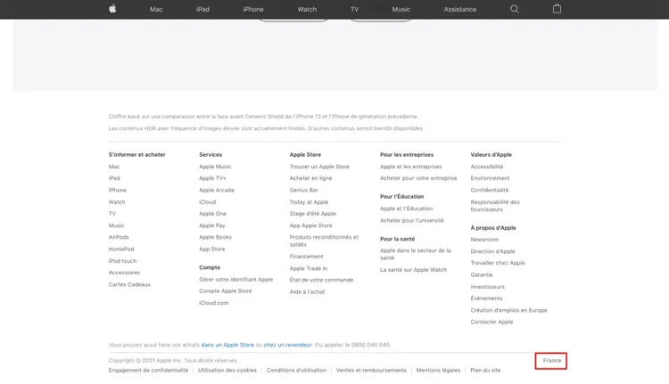 Pied de page Apple.com navigation produits services stores