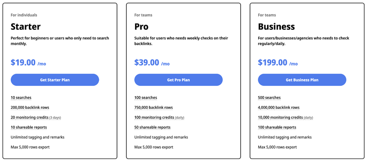 La page des prix de BacklinkGap indique les prix des plans Starter, Pro et Business.