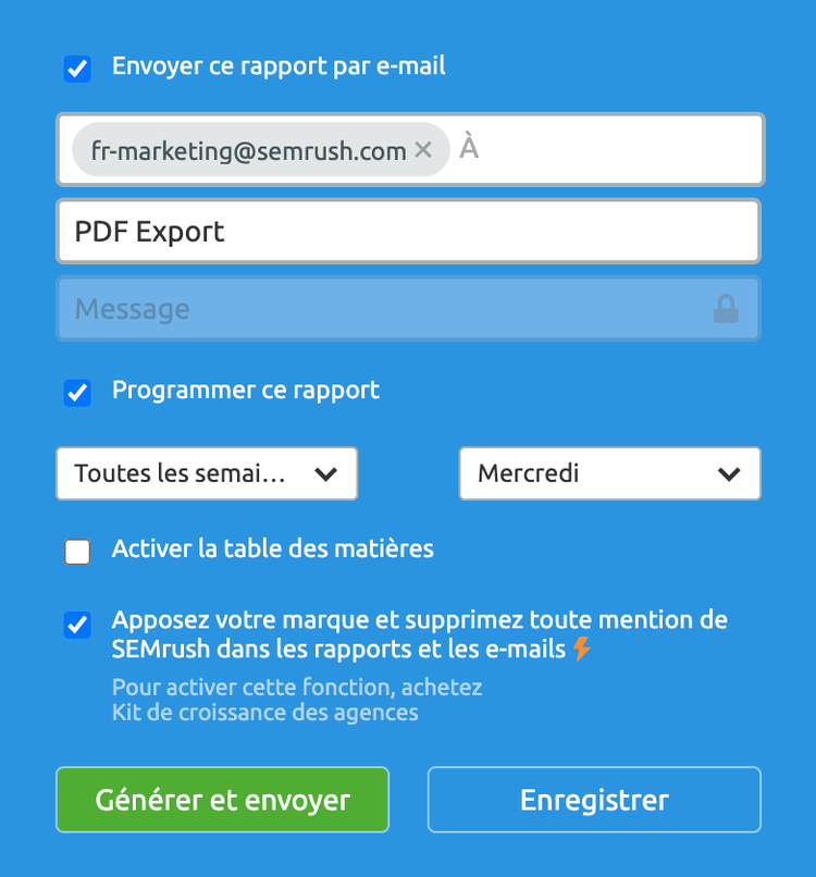 Formulaire de programmation de rapport Semrush pour envoi automatique par email en PDF