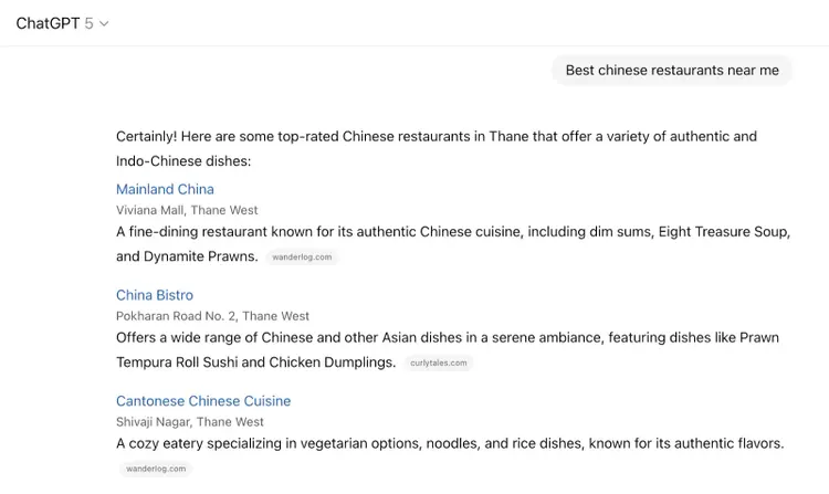 Une recherche locale dans ChatGPT inclut des liens hypertextes bleus mais aucune image.