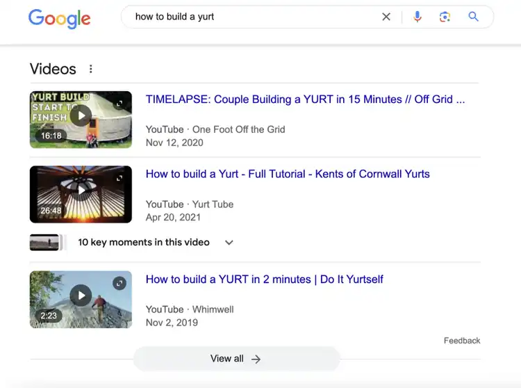 Vidéos répertoriées sur la SERP