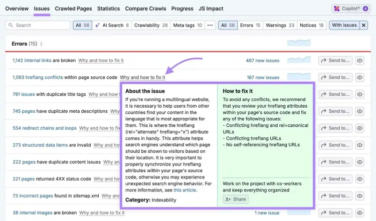 Problèmes d'audit de site : lorsqu'on clique sur un problème, la mention « Pourquoi et comment le résoudre » apparaît à côté de ce problème, affichant des suggestions pour le résoudre.
