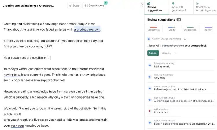 Suggestions d'édition classées par correction, clarté, engagement et livraison sur Grammarly.