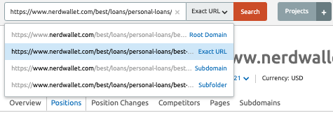 Semrush outil recherche organique avec barre URL et options domaine, URL exacte, sous-domaine