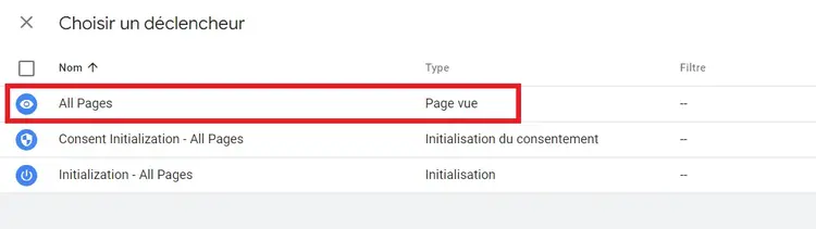 Toutes la pages comme déclencheur de balise