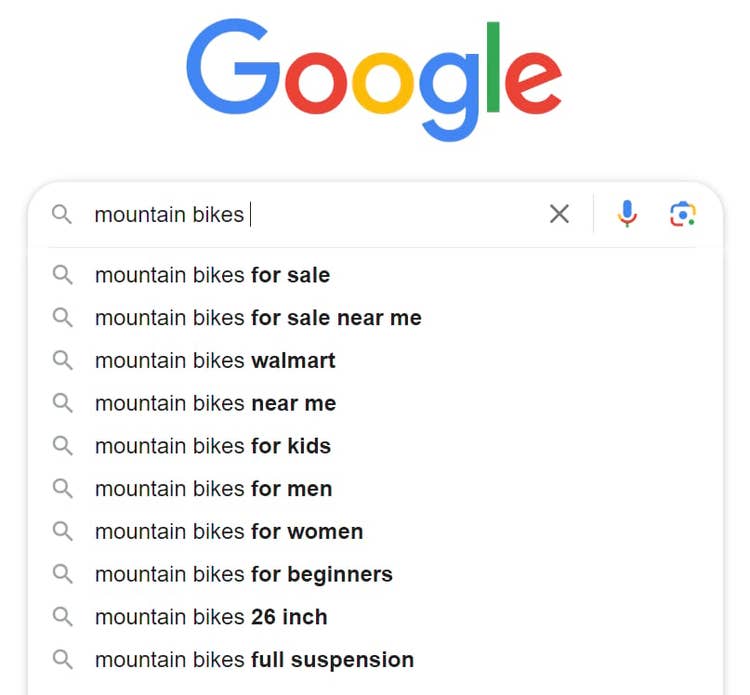 Liste déroulante autocomplète de Google lors de la saisie de "mountain bikes" dans la barre de recherche.