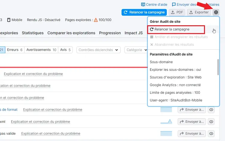 Relancer Audit de site en cliquant sur la roue dentée en haut à droite
