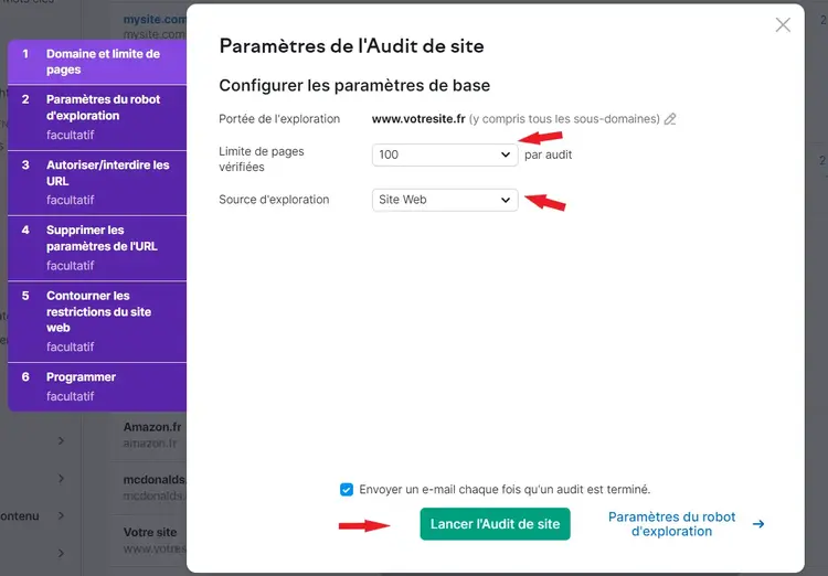 Paramètres d'Audit de site
