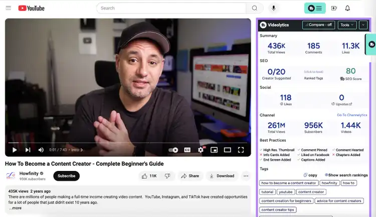 La barre latérale de videolytics est mise en évidence à côté d'une vidéo youtube.