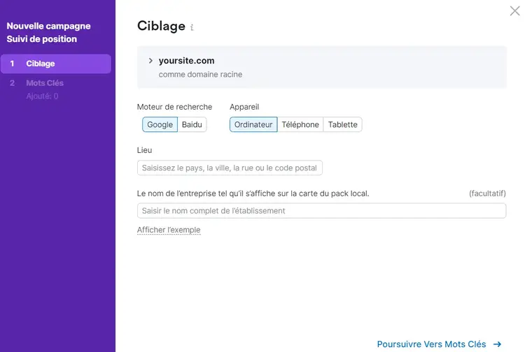 Paramétrage du ciblage dans Suivi de position de Semrush
