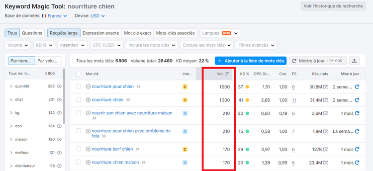 Volume de recherche dans Keyword Magic Tool