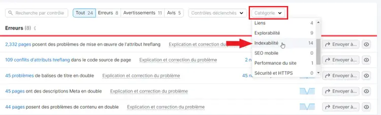 Filtre indexabilité dans Catégorie