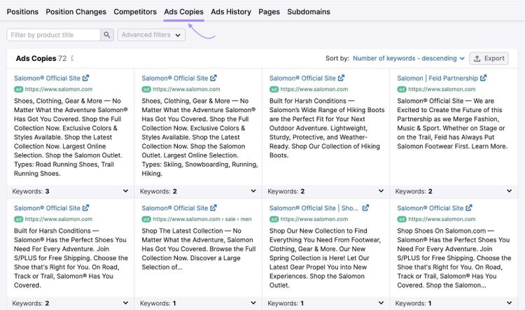 Copies d'annonces affichées pour les annonces des concurrents dans l'outil de recherche publicitaire.