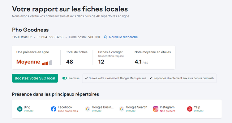 Listing management de Semrush donne des informations sur vos fiches locales