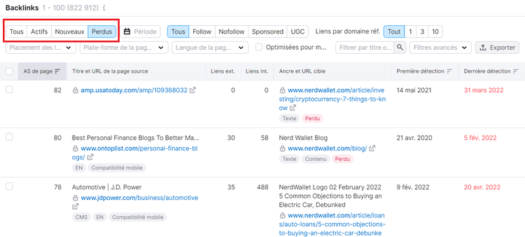 Analyse de backlinks, onglet Backlinks, filtre perdus