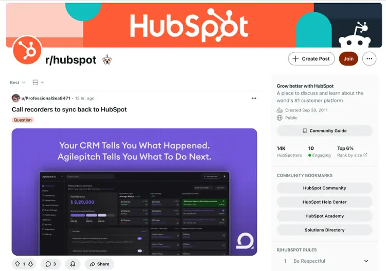 Subreddit r/hubspot: discussion CRM HubSpot, post Agilepitch, 14K abonnés