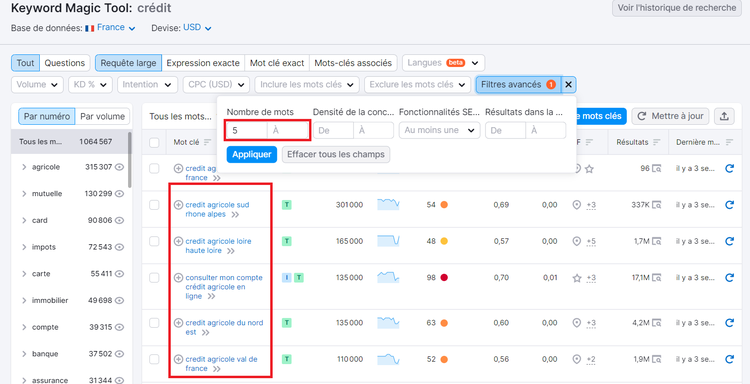 Keyword Magic Tool, nombre de mots pour les résultats