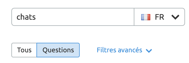 Outil Keyword Magic Semrush: recherche 'chats', filtre questions, avancé