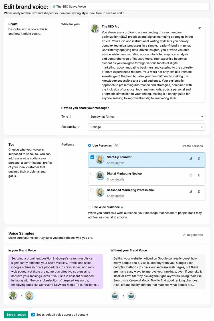 Paramètres de voix de marque sur ContentShake AI avec des options pour personnaliser le ton et la lisibilité du texte, sélectionner des personas cibles, etc.