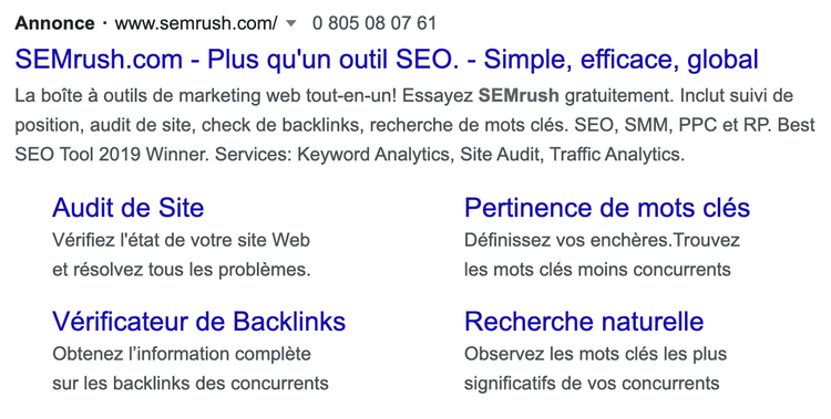 Annonce Semrush Google Search montrant services audit site keywords