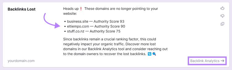 Suggestion de backlinks perdus par Semrush Copilot AI